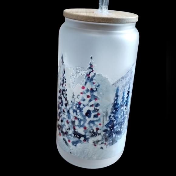 New handmade UVDTF White X-mas - Frosted Glass‎ Cup with Bamboo Lid & Straw - Picture 6 of 10